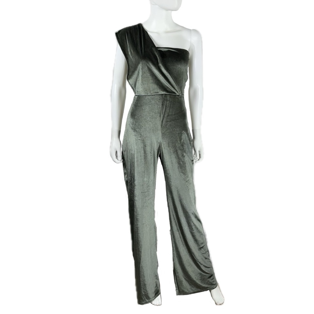 PrettyLittleThings Olive Velvet Drape One Shoulder Jumpsuit